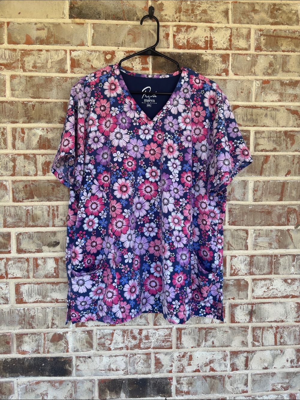 Prints By Maevn Navy Pink Floral Scrub Nursing Top